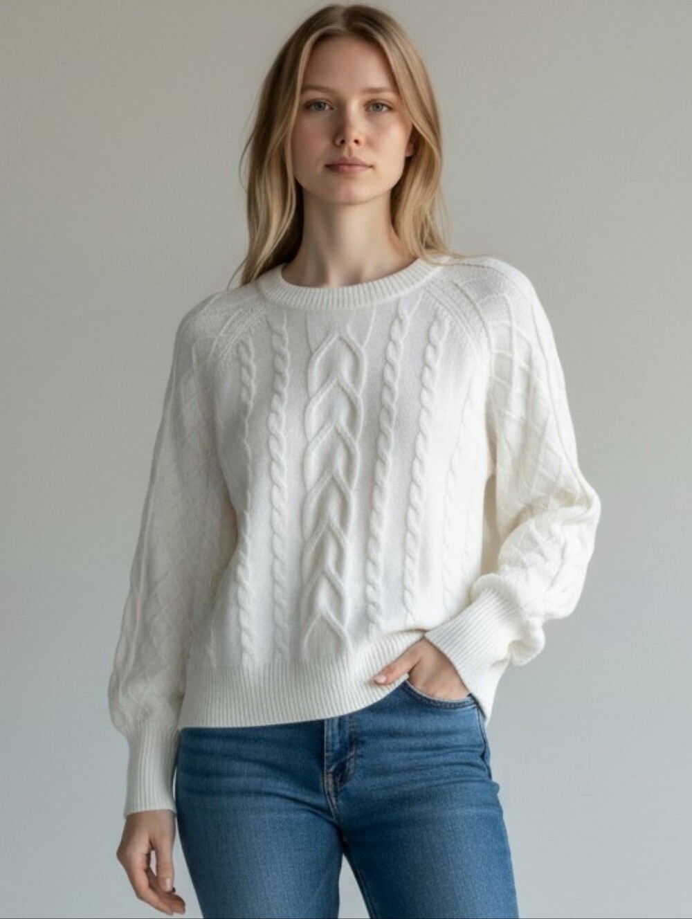 Tahari White Cable Crewneck Sweater